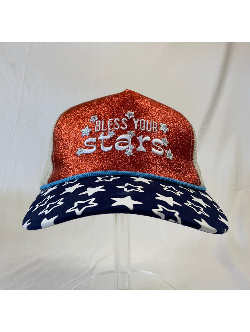 Womens Bless Your Stars Baseball Cap Snapback Trucker Hat Mesh Back Glitter OSFA